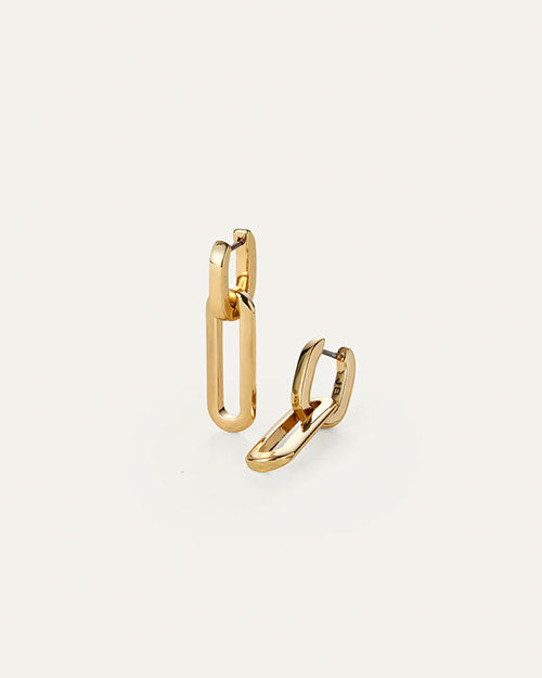 Pair of gold drop earrings featuring elongated, interlocking oval links with a polished finish, displayed on a light background.