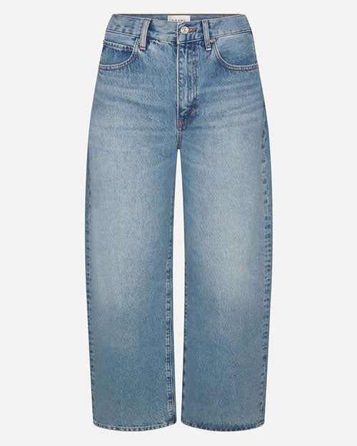 Product image of light-wash blue denim jeans displayed flat against a light background, featuring a mid- to high-rise waist with belt loops, a button and zip fly closure, and classic five-pocket styling. The jeans have a straight-leg silhouette with subtle fading and whiskering across the front for a softly worn-in look.