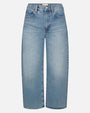 Product image of light-wash blue denim jeans displayed flat against a light background, featuring a mid- to high-rise waist with belt loops, a button and zip fly closure, and classic five-pocket styling. The jeans have a straight-leg silhouette with subtle fading and whiskering across the front for a softly worn-in look.