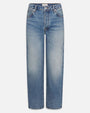 Product image of medium-wash blue denim jeans displayed flat against a light background, featuring a mid-rise waist with belt loops, a button and zip fly closure, and classic five-pocket styling. The jeans have a straight-leg silhouette with subtle fading and whiskering across the front for a worn-in look.