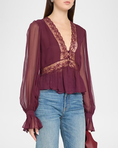 LoveShackFancy | Thessira Silk Lace Blouse | Faded Merlot
