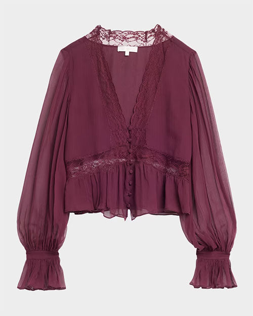 Plum chiffon blouse with a lace-trimmed deep V-neckline, sheer long sleeves, covered button front, lace waist detail, and a peplum hem.