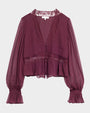 Plum chiffon blouse with a lace-trimmed deep V-neckline, sheer long sleeves, covered button front, lace waist detail, and a peplum hem.