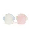 Two plush earmuff-shaped objects—one white with light blue ear covers, the other pink with white ear covers—featuring a soft, fluffy texture.