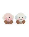 Two round plush toys with smiling faces and brown feet. One is pink with white earmuffs, and the other is white with blue earmuffs, both featuring rosy cheeks.