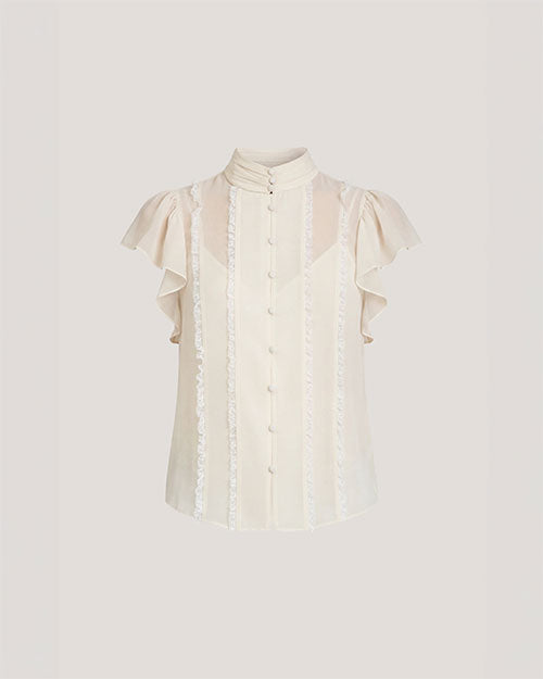 Ivory ruffle-trim blouse with a high neck tie, flutter sleeves and front button detailing.