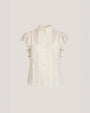 Ivory ruffle-trim blouse with a high neck tie, flutter sleeves and front button detailing.