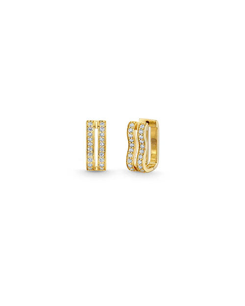 Pair of gold rectangular earrings featuring rows of small round diamonds and a design combining straight and wavy lines for an elegant look.