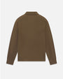 Product image of a brown knit sweater shown from the back, featuring a pointed collar, long sleeves, and a relaxed fit. The sweater has a clean, minimalist design with ribbed cuffs and a straight hem, displayed against a light gray background.
