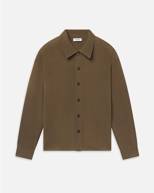Product image of a brown knit sweater with a pointed collar, button-front placket, long sleeves, and ribbed cuffs and hem. The relaxed-fit sweater is shown laid flat against a light gray background.