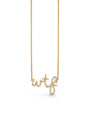 Gold chain necklace with a pendant spelling “wtf” in lowercase letters, encrusted with small sparkling diamonds.