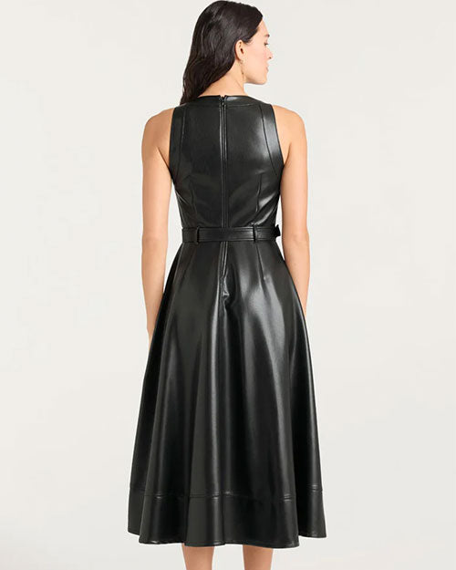 Back view of a sleeveless black faux leather midi dress with a fitted bodice and a flared skirt. The dress features a high round neckline, a concealed zipper closure down the center back, and a matching black belt at the waist. The material has a smooth, glossy finish, and the hemline is slightly flared for added movement.