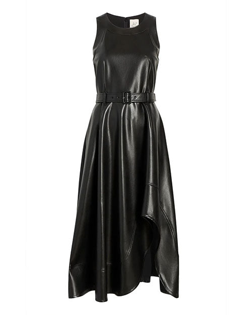  A sleeveless black faux leather midi dress with a round neckline and a fitted bodice. The dress features a belted waist with a matching black belt and a flared skirt that includes an asymmetrical draped detail on one side. The material has a smooth, glossy finish, creating a sleek and structured look.