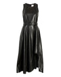  A sleeveless black faux leather midi dress with a round neckline and a fitted bodice. The dress features a belted waist with a matching black belt and a flared skirt that includes an asymmetrical draped detail on one side. The material has a smooth, glossy finish, creating a sleek and structured look.