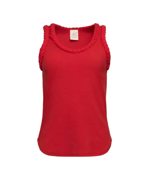 Red tank top with braided neckline on a white background