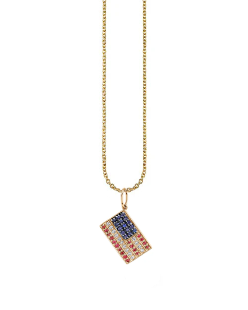 Necklace with a flag-shaped pendant featuring blue, red, and white stones on a white background
