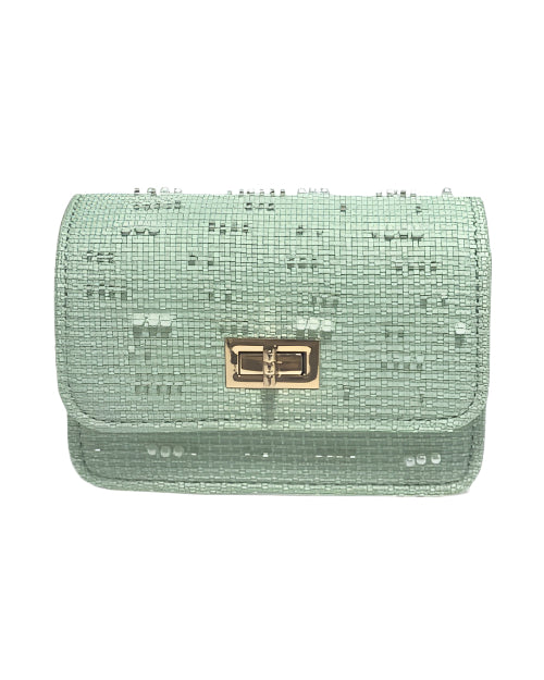 A green kid's purse crafted from woven fabric, showcasing a textured surface with pearls and rhinestones.