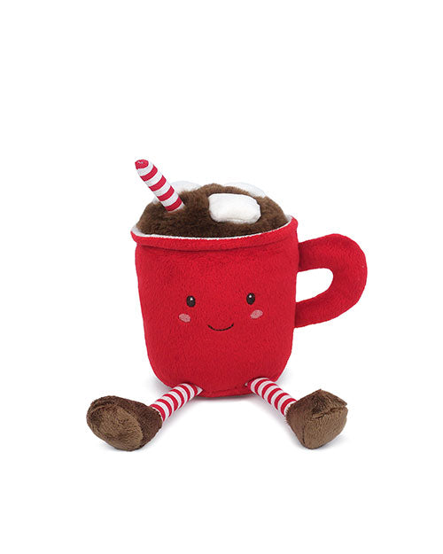 A plush toy resembling a red mug with a smiling face, striped straw, marshmallows, and brown legs resembling hot cocoa.