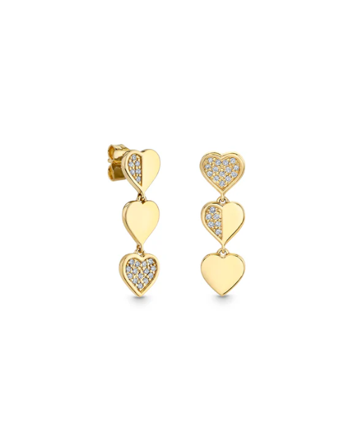 Pair of dangling gold earrings featuring three connected heart shapes displayed against a white background.