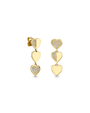 Pair of dangling gold earrings featuring three connected heart shapes displayed against a white background.