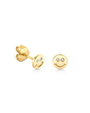 Gold happy face stud earrings on a white background
