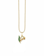Gold and green flower pendant necklace on a white background