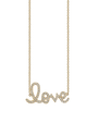 Gold chain necklace featuring a script-style “love” pendant encrusted with small sparkling stones against a white background.