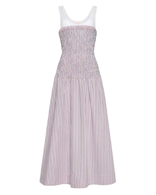 Purple striped dress with white top on a white background