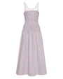 Purple striped dress with white top on a white background
