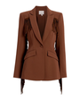 Brown blazer with fringe details on a white background