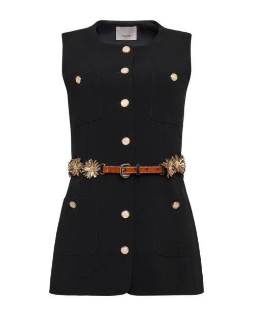 Black sleeveless jacket with gold buttons and a belt on a white background