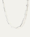 A silver chain necklace. Features large links resembling paperclips.
