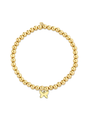 Gold beaded bracelet with a gold butterfly charm on a white background