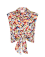 Colorful floral sleeveless blouse tied in front against a white background
