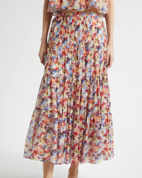 Multicolored floral skirt worn by a person on a white background