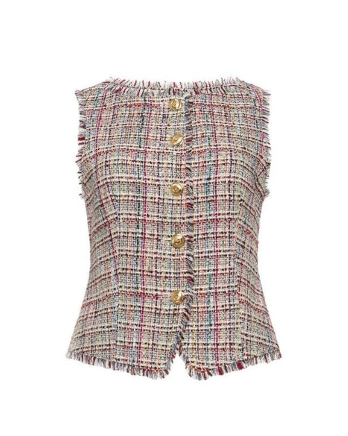 Multicolored tweed vest with gold buttons on a white background