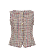 Multicolored tweed vest with gold buttons on a white background
