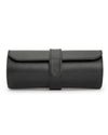 A black leather watch roll case with a rectangular flap and buckle