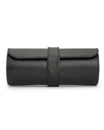 A black leather watch roll case with a rectangular flap and buckle