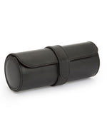 A black leather watch roll case with a rectangular flap and buckle