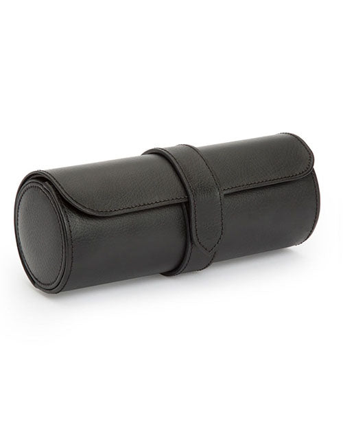 A black leather watch roll case with a rectangular flap and buckle