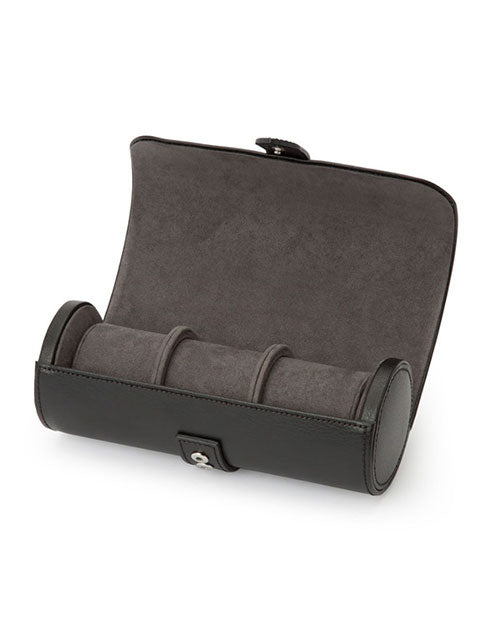A sleek black leather watch case opened showcasing three separate compartments to keep watches in a well-organized layout.