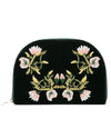 Elegant forest green velvet jewelry case adorned with colorful floral embroidery.