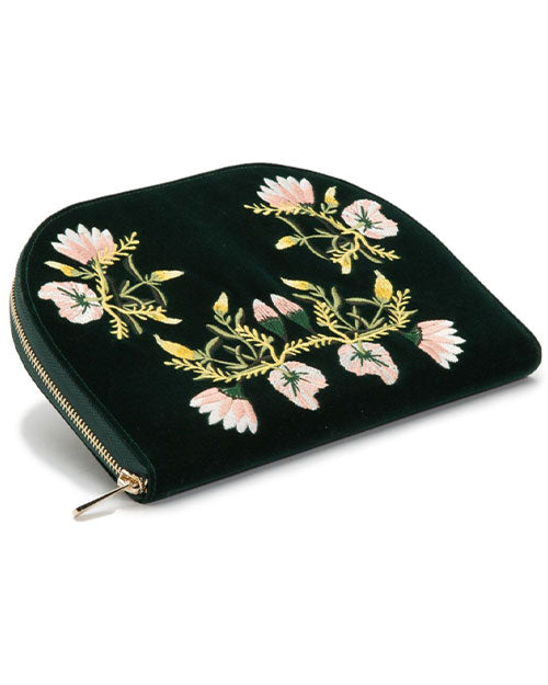 Elegant forest green velvet jewelry case adorned with colorful floral embroidery.