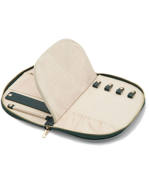 Forest green travel jewelry case, featuring compartments for jewelry, including earring holders, necklace holder and a mirror.