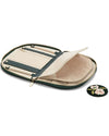 Forest green travel jewelry case, featuring compartments for jewelry, including earring holders and a mirror.