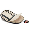 Indigo travel jewelry case, featuring compartments for jewelry, including earring holders, necklace holder, and a mirror.