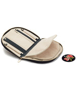 Indigo travel jewelry case, featuring compartments for jewelry, including earring holders, necklace holder, and a mirror.