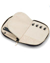 Indigo travel jewelry case, featuring compartments for jewelry and including necklace holder.


