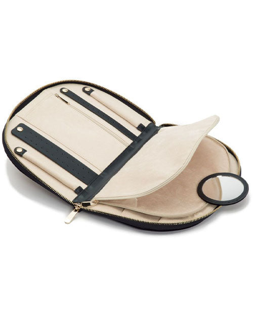 Indigo travel jewelry case, featuring compartments for jewelry, including earring holders, necklace holder, and a mirror.